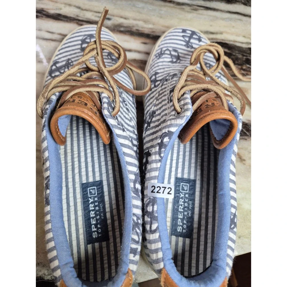 Sperry Top-Sider Bahama Mens 9M Blue White Striped Anchor Boat Shoe Sneakers